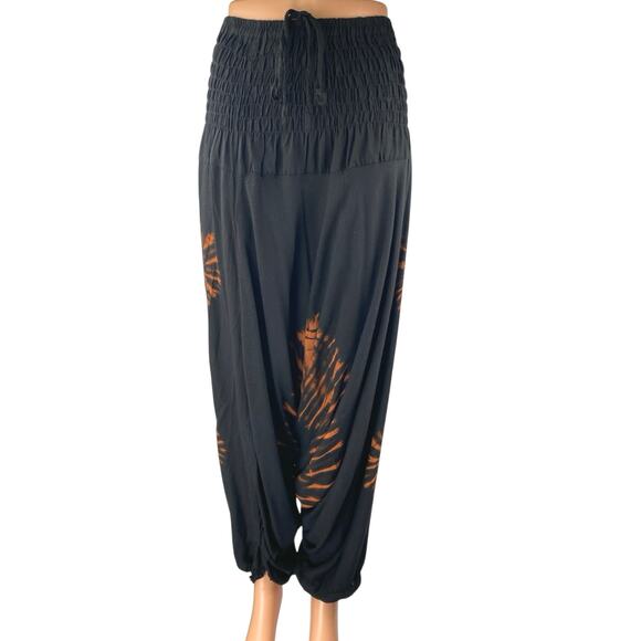 Women's Black Tie Dye Drawstring Smocked Waist Baggy Trousers Harem Pants Sz OS - Picture 1 of 5